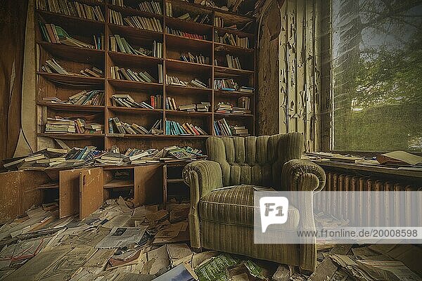 An abandoned room with an overfilled bookshelf and an old armchair  urologist's villa Dr Anna L.  Lost Place  Bad Wildungen  Hesse  Germany  Europe