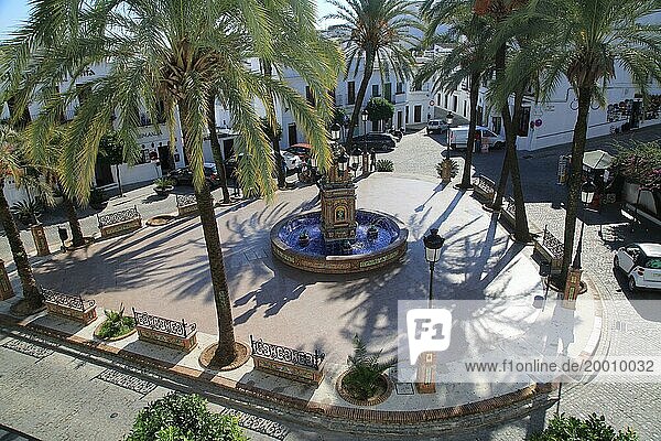 Fountain and palm trees in Plaza de Espana  Vejer de la Frontera  Cadiz Province  Spain  Europe