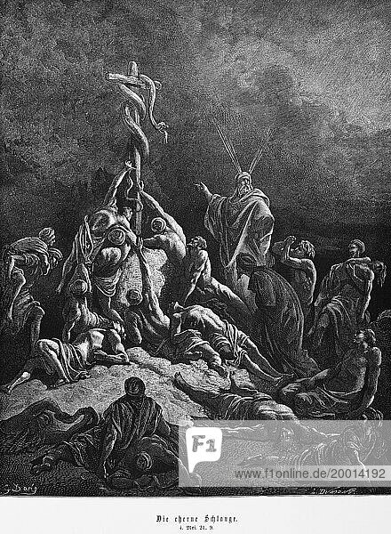 Moses' brazen serpent. Fourth Book of Moses  chapter 21  desert  cross  sick  dying  forgiveness  hope  healing  poisonous  Israelites  group  Bible  Old Testament  historical illustration from 1886