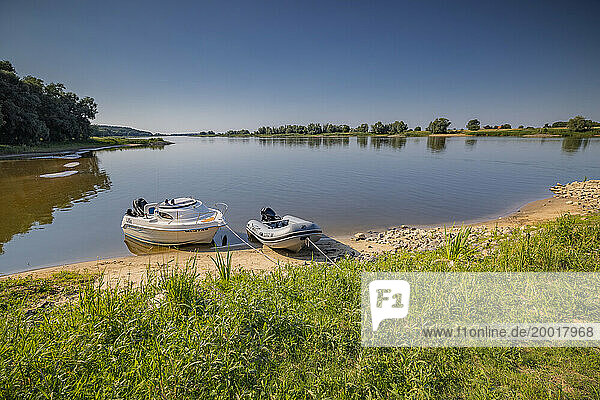 Verlassene Boote liegen vertäut am Ufer der Elbe bei Glienitz/Neu-Darchau  der blaue Himmel ist wolkenlos