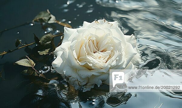 Eine sonnenbeschienene weiße Rose  die auf dem plätschernden Wasser schwimmt und eine friedliche Atmosphäre vermittelt AI erzeugt  KI generiert