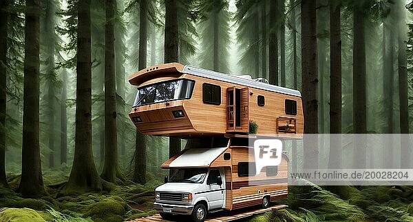 Camper van Holz Wohnmobil  kreative High Tech Wohnmobil zwei Ebenen in der Natur. Outdoor Erholung  Isolation AI erzeugt  KI generiert