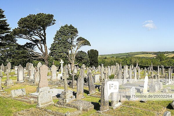 Gravestones in churchyard parish church at St Keverne  Lizard Peninsula  Cornwall  England  UK