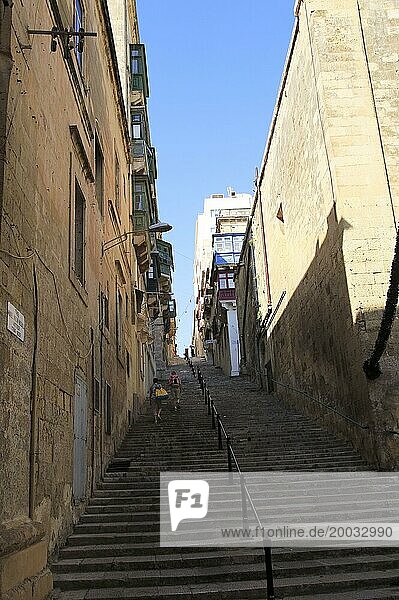 Steep historic street in city centre of Valletta  Malta  Europe