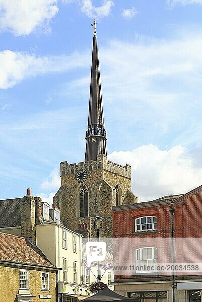 Elegant spire St Peter and St Mary church in town centre  Stowmarket  Suffolk  England  UK