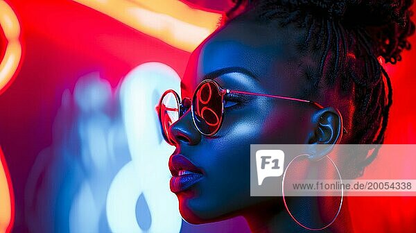 Seitenprofil einer Frau mit auffälligen Ohrringen und Brille  hervorgehoben durch kontrastreiches Kunstlicht in einem Nachtclub  KI generiert  AI generated