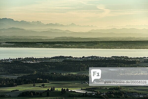 View of Lake Constance and the Swiss Alps from the Gehrenberg  sunset  Markdorf  Lake Constance  Baden-Württemberg  Germany  Europe