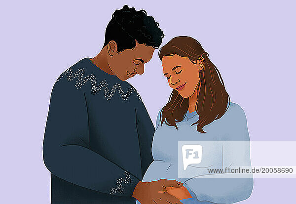 Affectionate  serene pregnant multiracial couple embracing