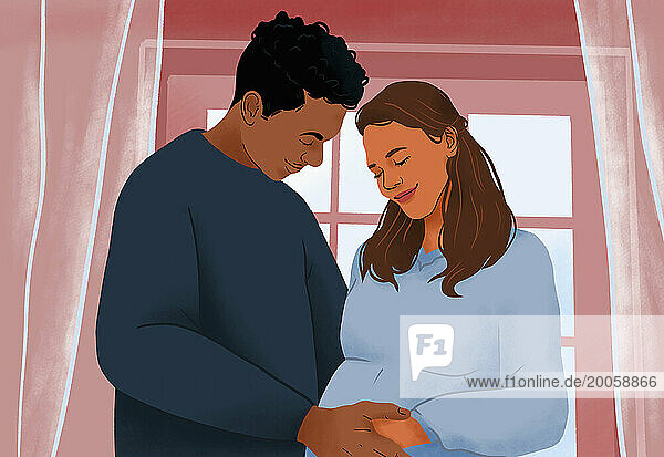 Happy  affectionate pregnant multiracial couple hugging at window