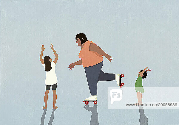Kids cheering for overweight. mother roller skating on blue background