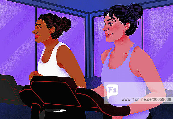 Smiling women exercising on treadmills at gym