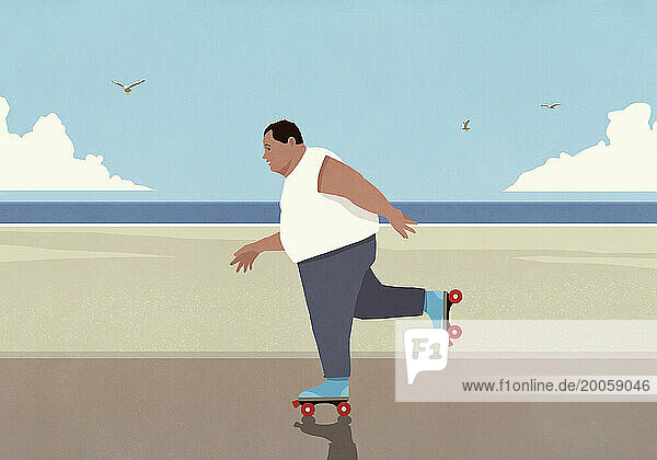 Overweight man roller skating on sunny beach boardwalk