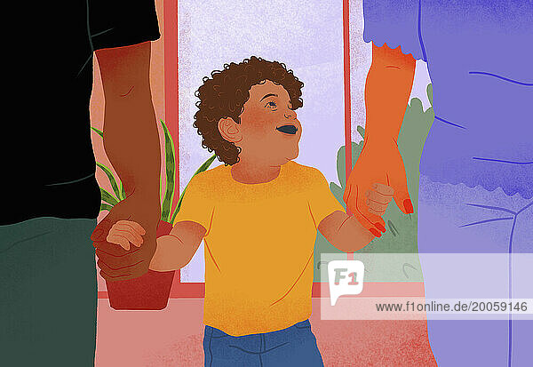 Happy  multiracial boy holding hands with mother and father