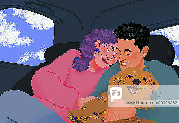 Happy  affectionate couple cuddling with dog in back seat of crowdsourced taxi