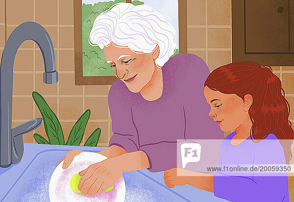 Grandmother and granddaughter doing dishes together at kitchen sink