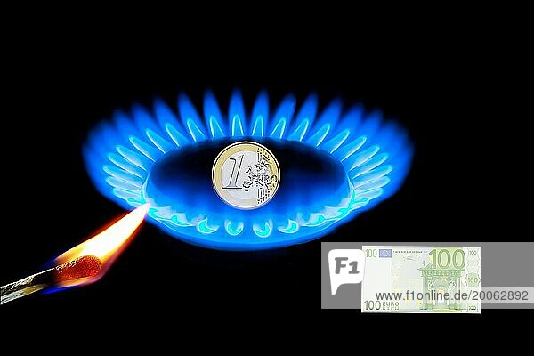 Gasflamme mit 1-Euro-Münze  Gasembargo  Energiepreise  Teuerungsrate  Gaspreis  brennendes Streichholz  100  Euro  Banknote  100-Euro-Banknote