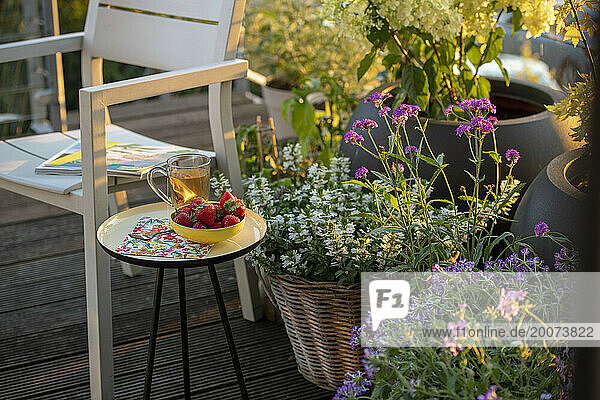 Beakfast of tea and strawberries on a beautiful table in the summer sunshine. Garden and herbs in full bloom  flowers.