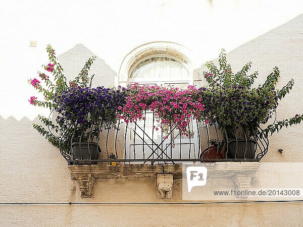 Balcony with flower decoration  old town of Rab  island of Rab  Kvarner Gulf Bay  Croatia  Europe