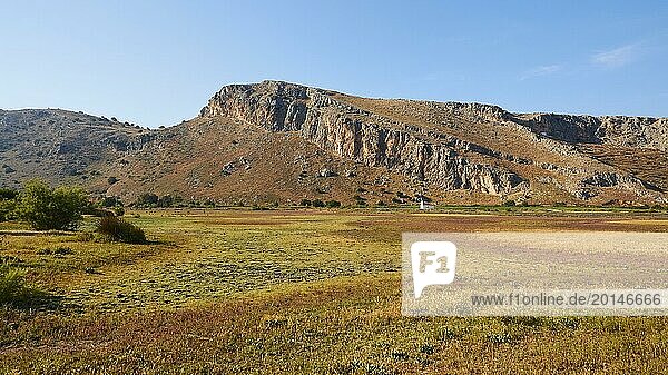 Wide meadow landscape with mountain scenery in the background under a blue sky  Strofilia biotope  wetlands  Kalogria  Peloponnese  Greece  Europe