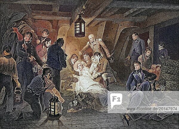Death of Lord Nelson. Horatio Nelson  Lord Nelson  Viscount Nelson  1758-1805  British naval commander  Historical  digitally restored reproduction from a 19th century original  Record date not stated