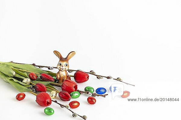 Colourful Easter eggs  a bunny  palm kittens and red tulips on a white background