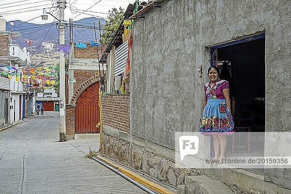 San Miguel del Valle  Oaxaca  Mexico  Epifania Hernandez Garcia stands in the doorway of her shop  where she makes elaborate aprons. Such aprons are worn by most women in this rural Mexican town. Different aprons are worn for different occasions  Central America