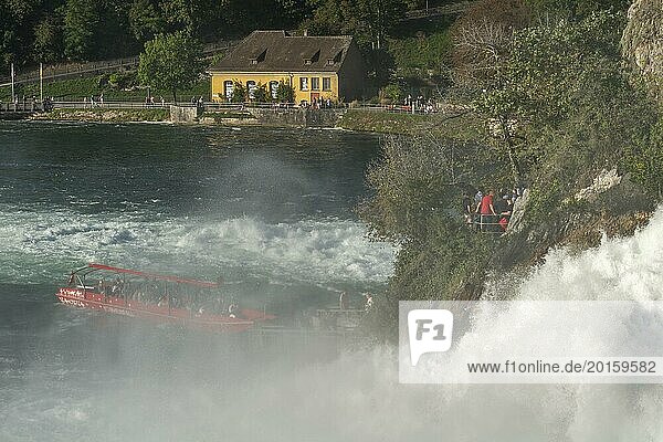 Rhine Falls seen from Schloss Laufen  tourist boat  rapids  spray  Canton Zurich  on Neuhausen  Switzerland  Europe
