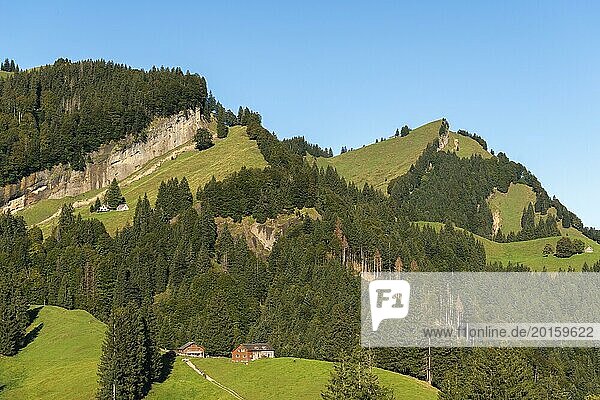 Urnäsch  mountain pasture  forest  rock face  path  Canton Appenzell  Ausserrhoden  Appenzell Alps  Switzerland  Europe