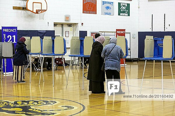 Deaarborn  Michigan USA  27 February 2024  Voting at Salina School in Michigan's Presidential primary election. Especially in Hamtramck and Dearborn  where there are large numbers of Arab-Americans  many voters planned to vote uncommitted in the Democratic primary.. Many Arab-Americans are furious about Joe Biden's support for Israel in the Gaza war
