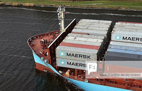 Container ship Laura Maersk sailing in the Kiel Canal  Kiel Canal  Schleswig-Holstein  Germany  Europe