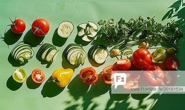 Fresh vegetables on a green background. Top view. Flat lay. AI generated