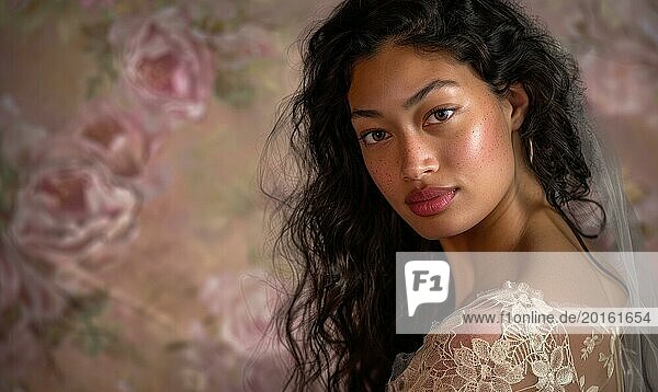 Porträt einer Frau mit natürlicher Schönheit in einem Spitzenkleid  weichen Ausdruck mit Blumen im Hintergrund AI generiert  KI generiert
