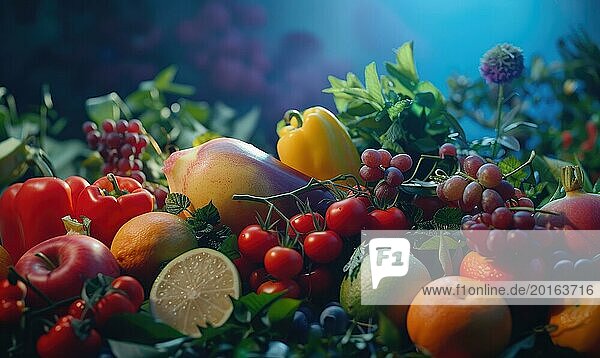 Fruits and vegetables. Healthy food background. Selective focus. AI generated