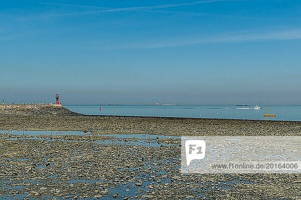 Rocky beach at low tide with red lighthouse at end of concrete pier in Donjin  South Korea  Asia