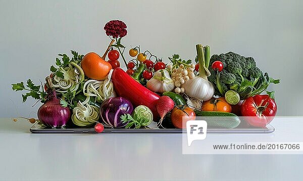 Vegetables in a tray on a white table in the kitchen. AI generated