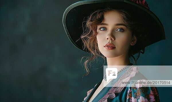 Elegant gekleidete junge Frau mit Hut im Vintage Stil mit dramatischer Beleuchtung AI generiert  KI generiert