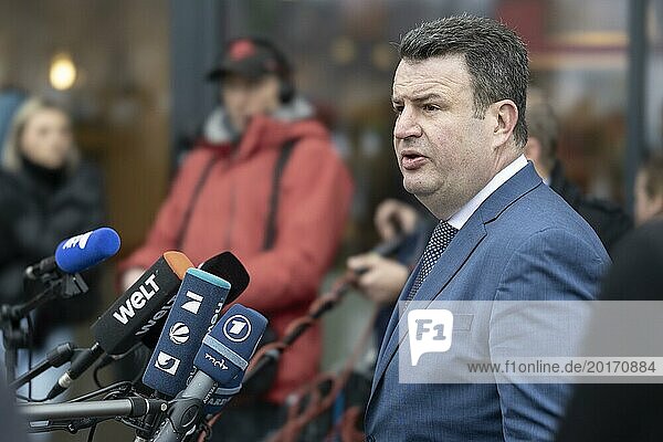Hubertus Heil (SPD)  Federal Minister of Labour and Social Affairs  answers questions from the press after a meeting with Ukrainian refugees employed in various areas of REWE Group. Berlin  27.02.2024