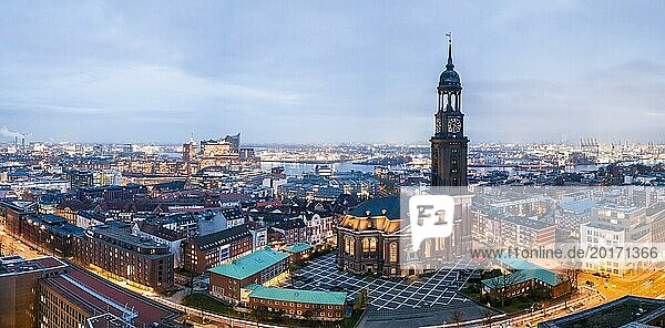 Panorama aerial view of St. Michael's Church (Michel) at blue hour with harbour and Elbe Philharmonic Hall  Hamburg  Germany  Europe