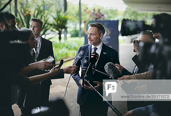 Christian Lindner (FDP)  Federal Minister of Finance  photographed during a press statement after a meeting of the G20  G7 finance ministers and central bank governors  in Sao Paulo  28 February 2024. Photographed on behalf of the Federal Ministry of Finance (BMF)