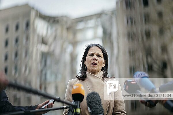 Annalena Bärbock (Alliance 90/The Greens)  Federal Foreign Minister  gives a press statement in front of the destroyed building of the Mykolaiv regional administration. Mykolaiv  25.02.2024. Photographed on behalf of the Federal Foreign Office