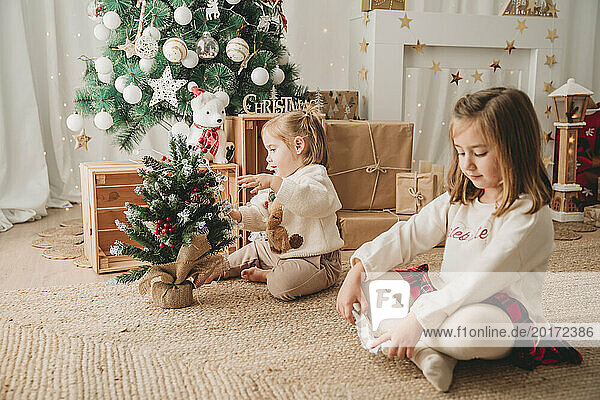 Girl with sister decorating small Christmas tree at home