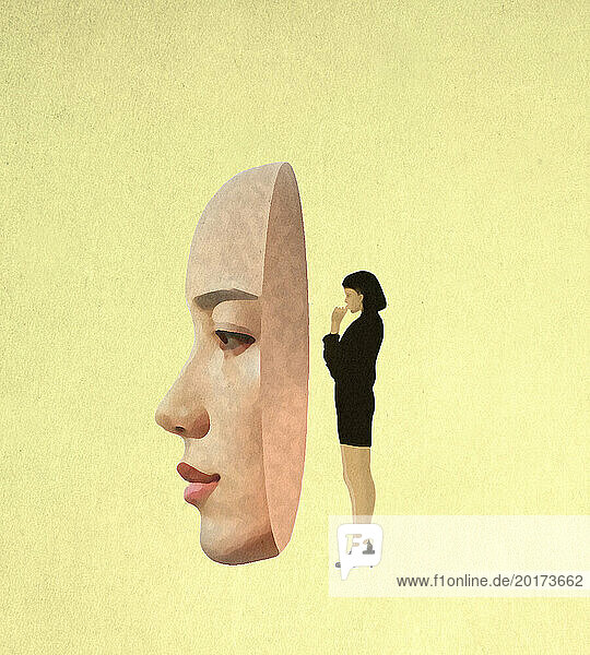 Thoughtful woman standing behind oversized female mask