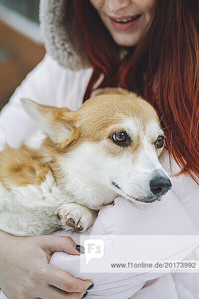 Young woman holding Corgi dog in arms