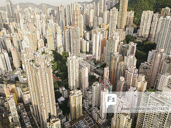 Various towers in Hong Kong city on sunny day