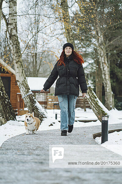 Young woman walking with Corgi dog on footpath