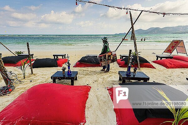 Beach beanbags for chilling on the beach  travel  beach  sandy beach  beach club  holiday  beach holiday  sea  summer holiday  holiday  leisure  quiet  quiet zone  party beach  Chaweng-beach  Koh Samui  Thailand  Asia