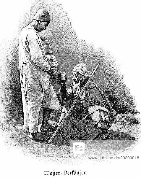 Wasserverkäufer in Kairo  Ägypten  zwei Männer  alter Mann  Turban  Stock  Wasserglas  Afrika  historische Illustration 1890  Afrika
