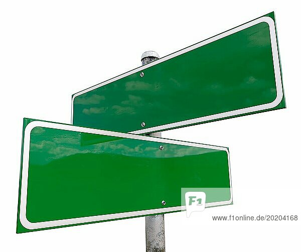Blank 2 Weg grün Straßenschild vor weißem Hintergrund bereit für Ihre Konzepte