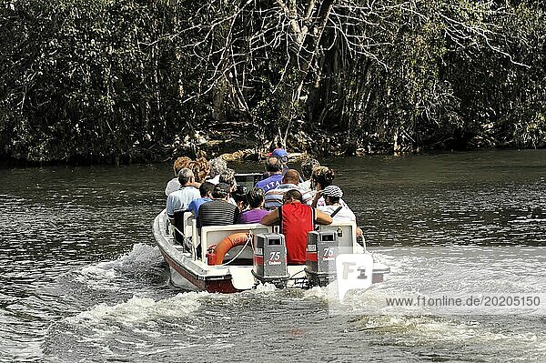 Eine Gruppe von Touristen auf einem Ausflugsboot auf dem Lago de Tesoro Kuba  Mittelamerika
