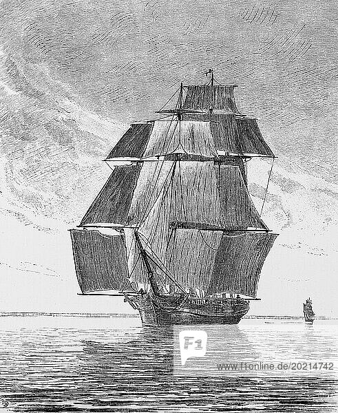 Alle Segel gesetzt  Nordsee  Ostfriesland  Niedersachsen  Zweimaster  Wind  ruhige See  Deutschland  historische Illustration 1880  Europa